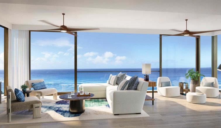 Open air living room with ocean front view at Victoria Place condominium